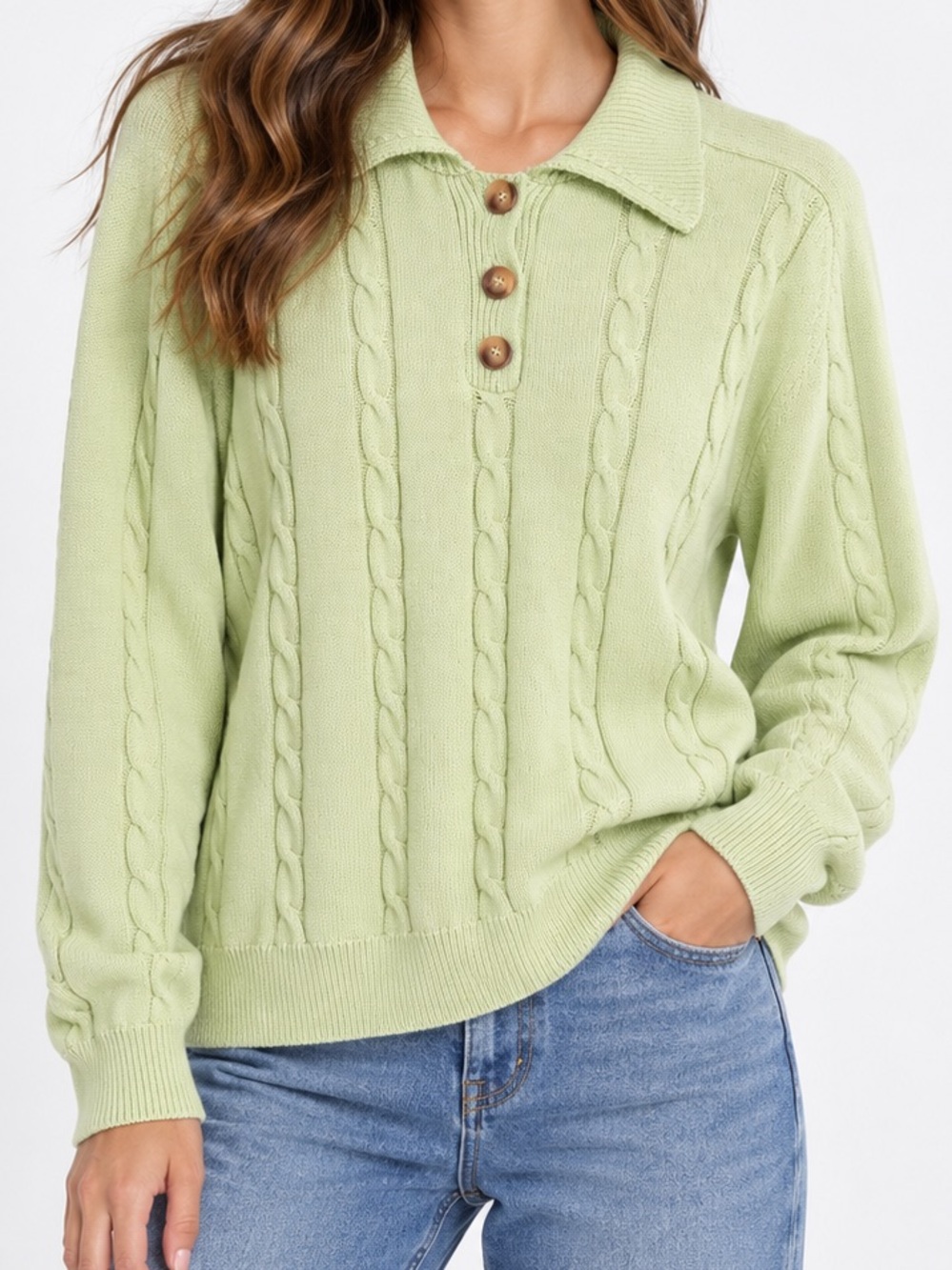 Zara Lime Green Cable Knit Polo Sweater Medium